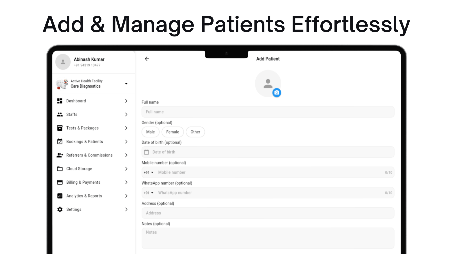 Patient management dashboard showing comprehensive patient records, consent tracking, and communication history