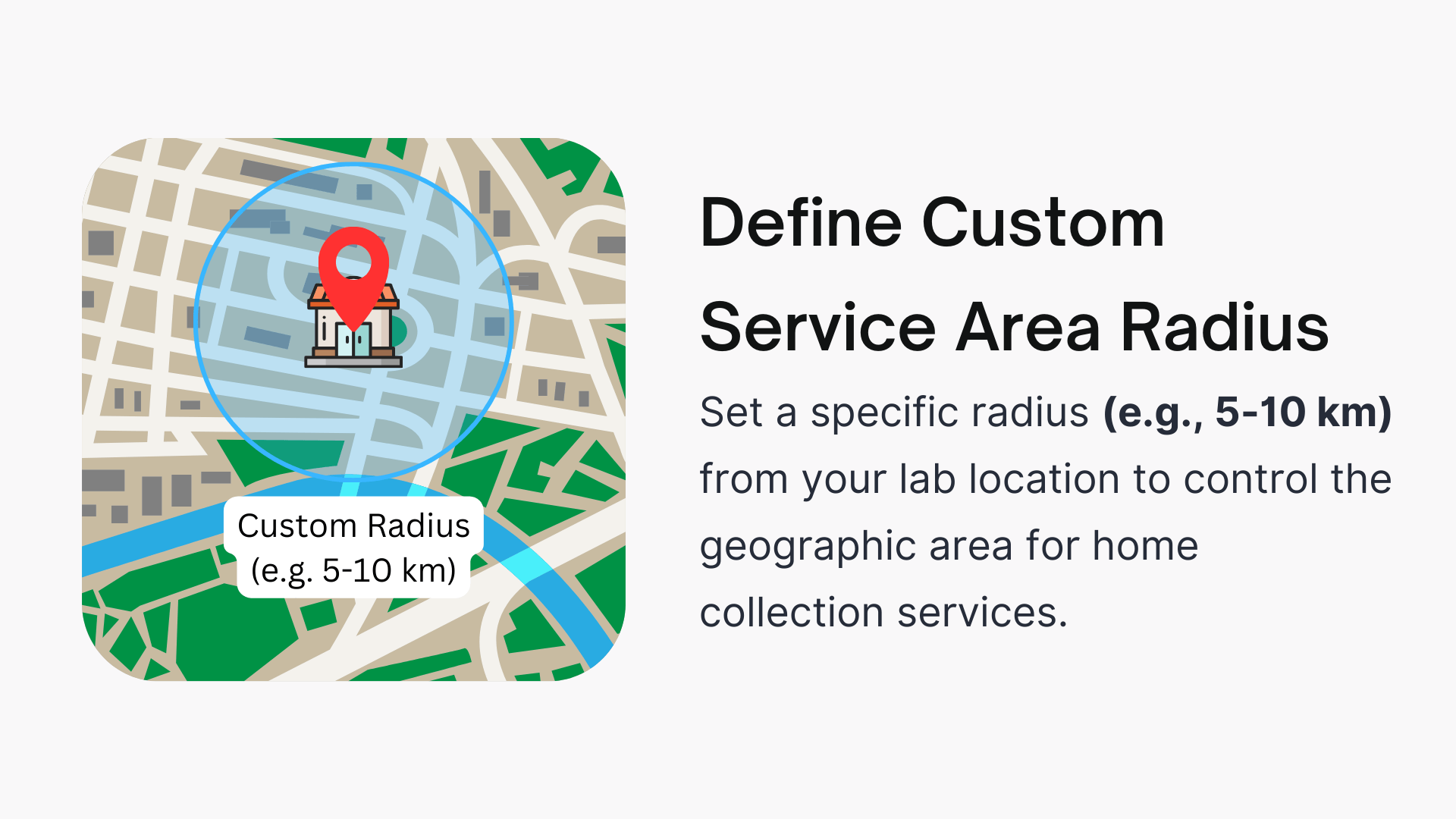 Customizable service area coverage map showing collection radius from lab location