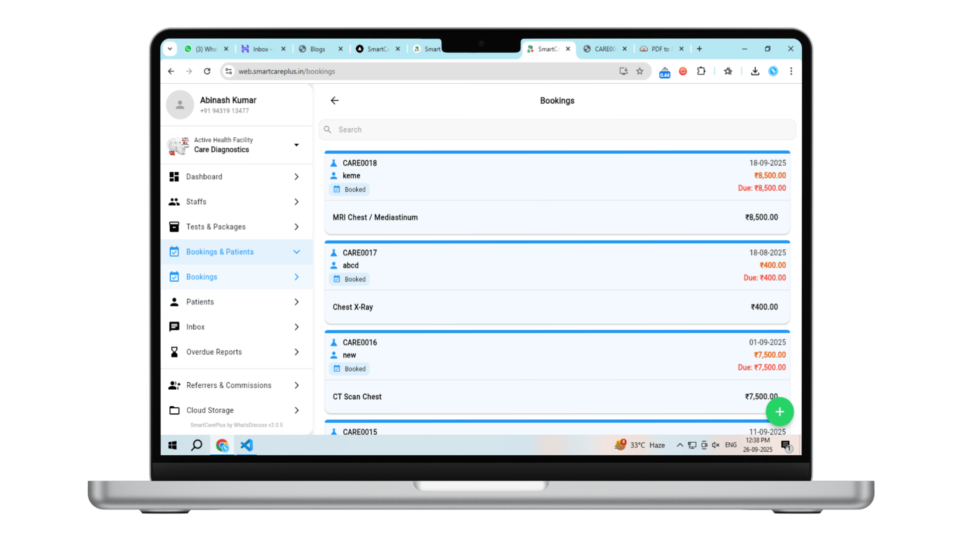 Booking management dashboard showing appointment calendar, payment tracking, and detailed booking statements