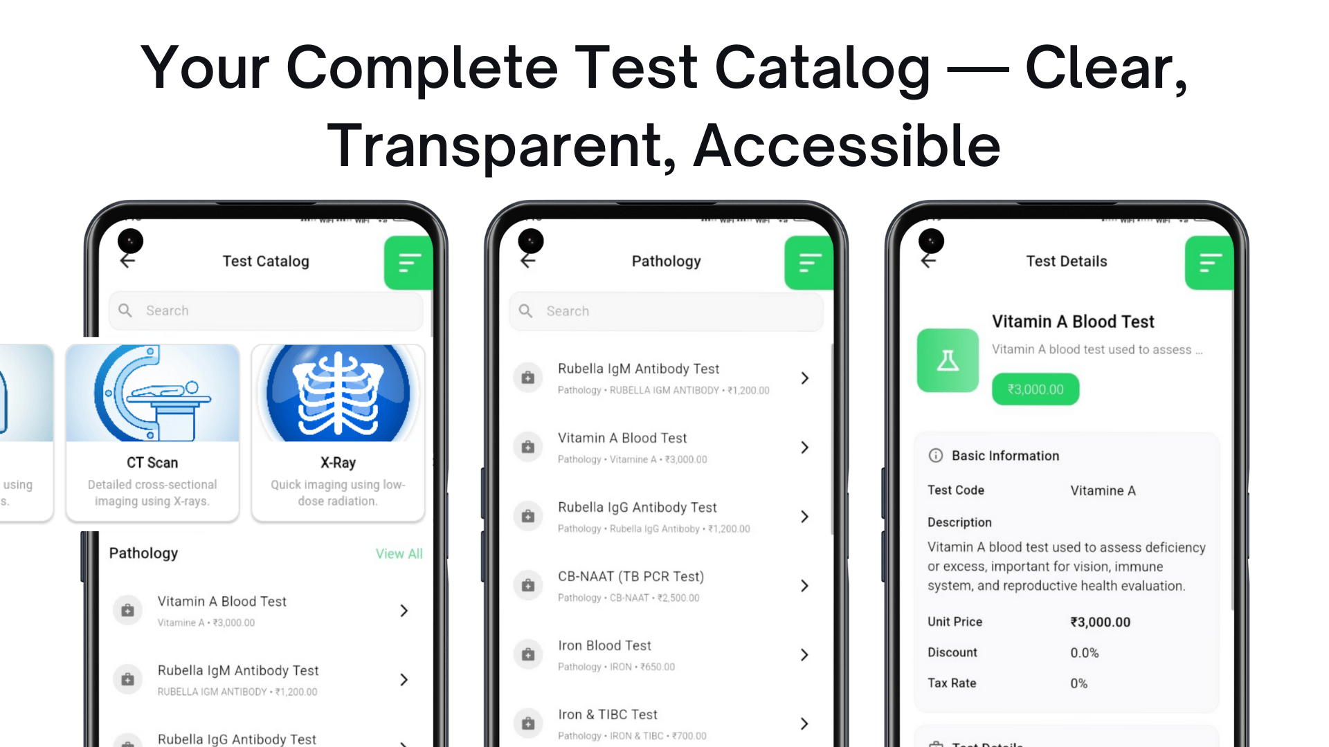 Test catalog interface showing categorized tests with transparent pricing and detailed information