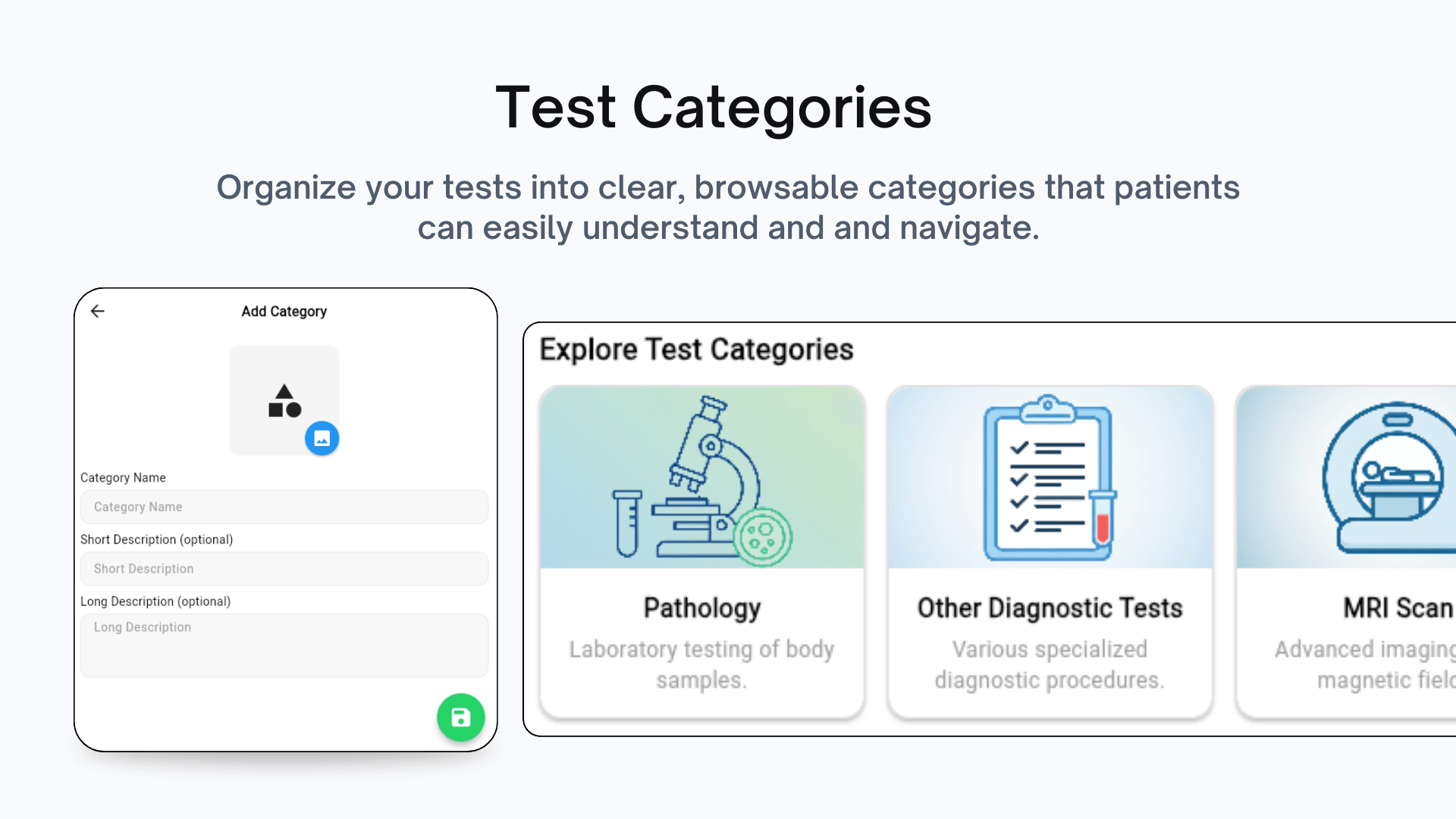 Test categories organization interface